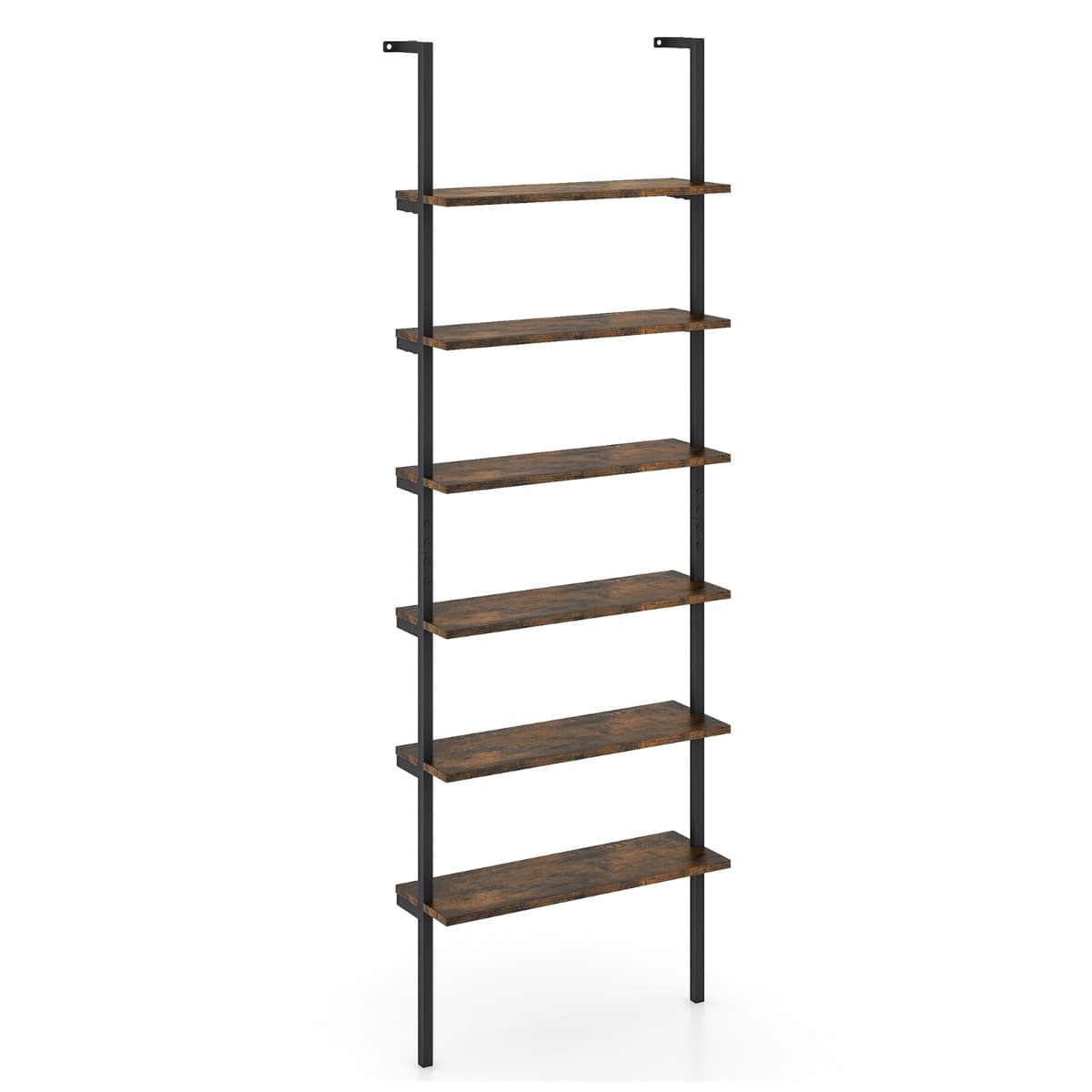 CostwayÉtagère Echelle à 6 Niveaux Etagère Murale avec Cadre en Métal Etagère Ouverte de Style Industriel Chêne Rustique Marron