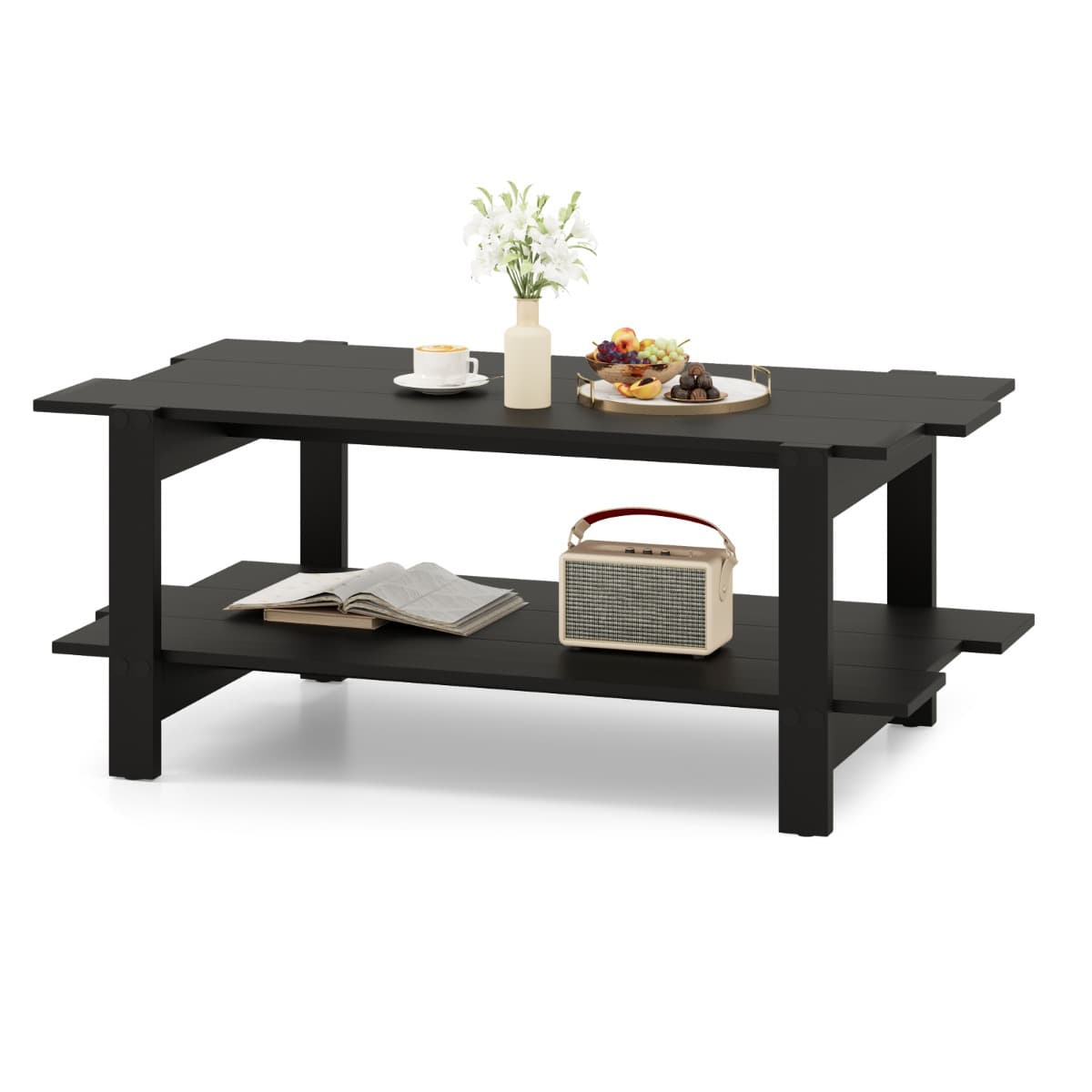 CostwayTable Basse à 2 Niveaux Table Centrale en Bois à Lattes avec Étagère de Rangement Table Cocktail d'Accent Capacité de 120kg Noir