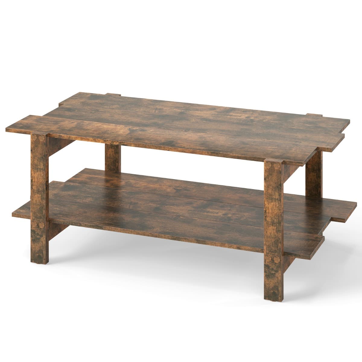 CostwayTable Basse à 2 Niveaux Table Centrale en Bois à Lattes avec Étagère de Rangement Table Cocktail d'Accent Capacité de 120kg Café