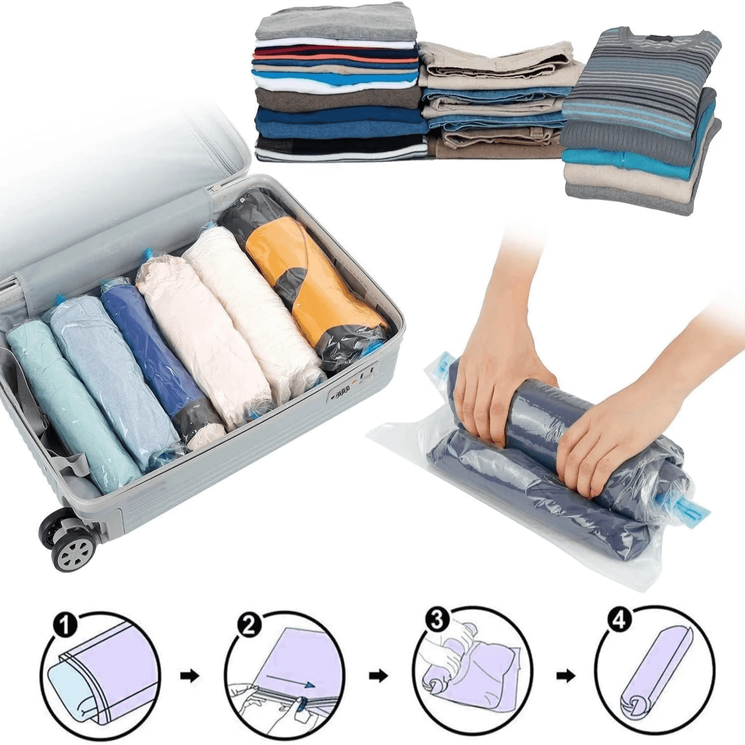 10 pièces Sacs de rangement enroulables, sacs de compression de voyage, sans pompe ni aspirateur nécessaire, sacs de rangement réutilisables